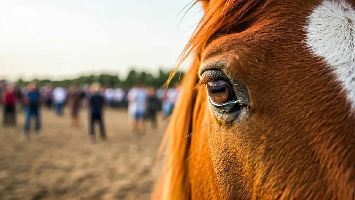 Image of a horse in distress, with its eye visible and a blurred background of trash.