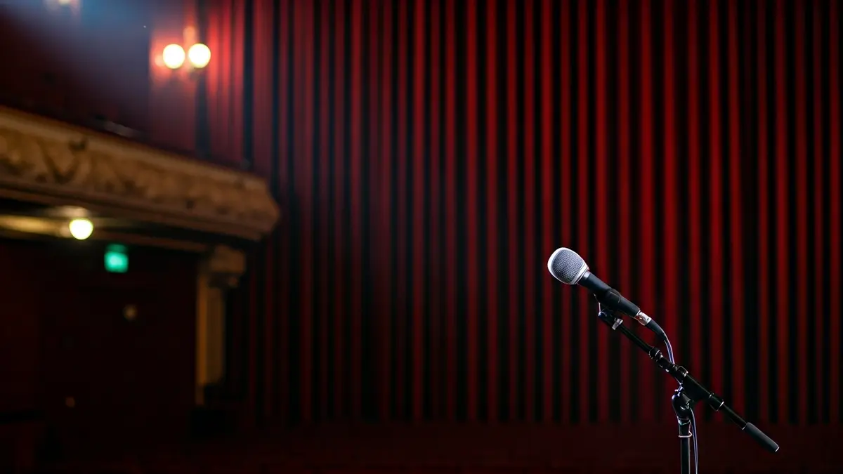 Generic image of a theater stage with a microphone and red curtains.