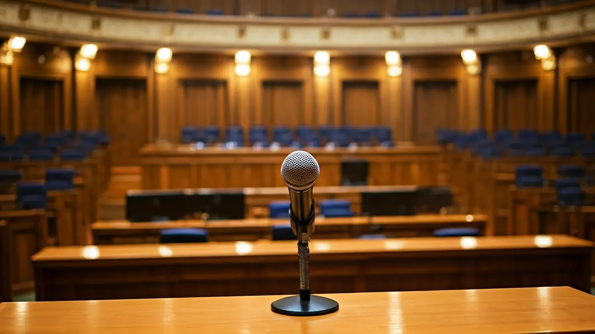 Imagen genérica de un micrófono en un podio en una sala de reuniones municipal.