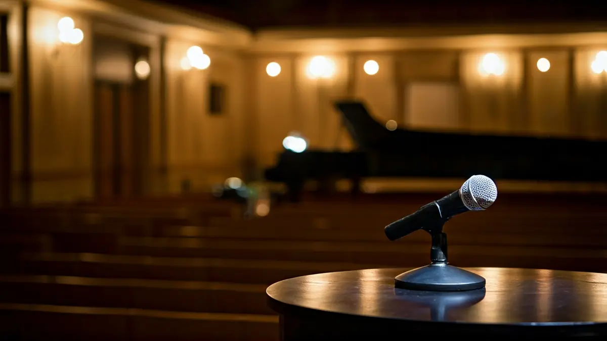 Imagen genérica de un escenario de concierto con un micrófono y un piano.