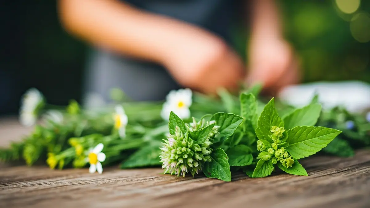 Imagen genérica de plantas silvestres comestibles sobre una mesa de madera.