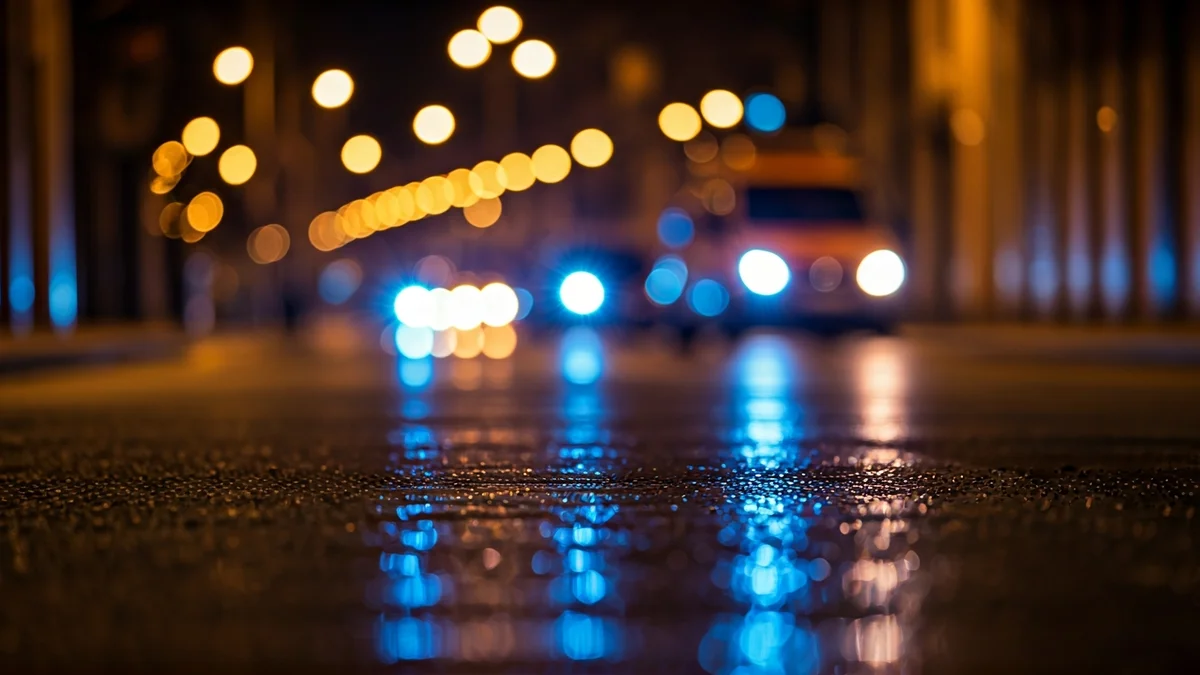 Generic image of emergency lights reflecting on wet asphalt in an urban street.