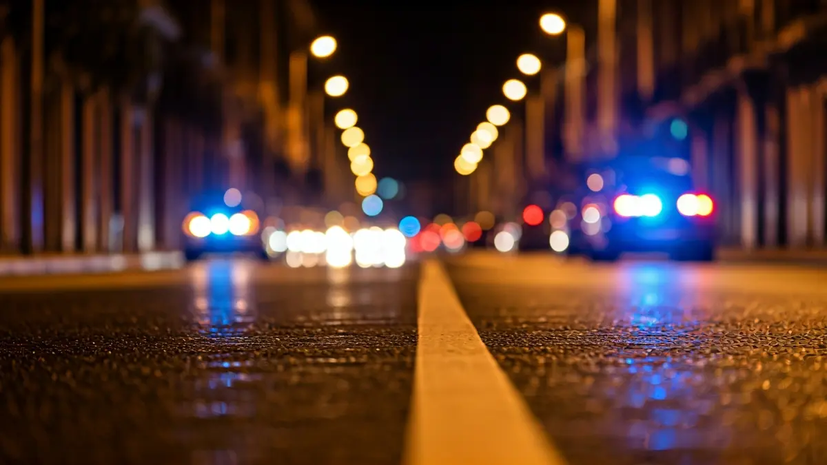 Imagen genérica de luces de emergencia reflejadas en el asfalto mojado por la noche.