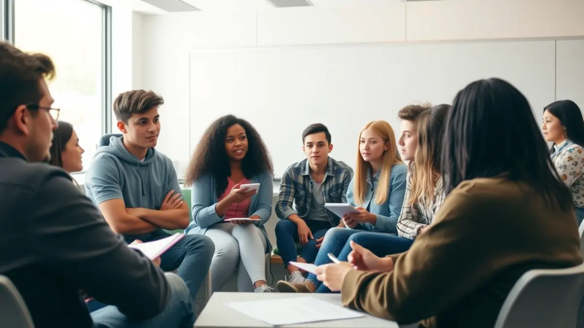 Jóvenes debatiendo sobre salud mental en un entorno educativo.