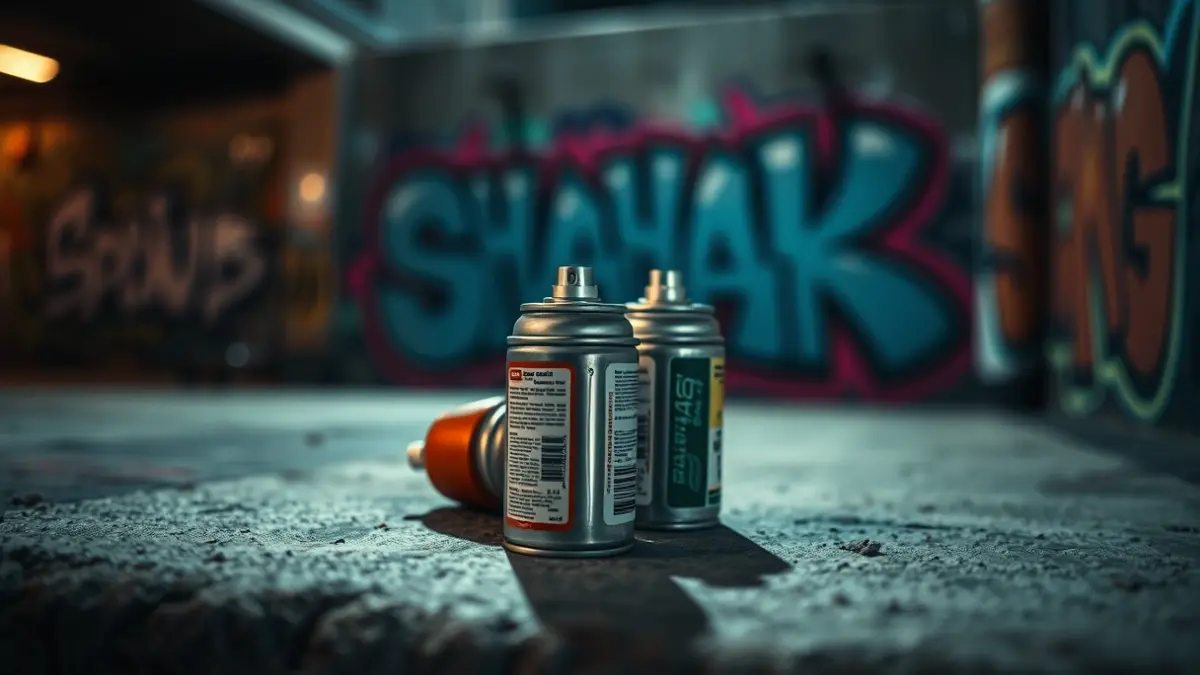 Generic image of spray paint cans on a concrete surface, with blurred graffiti in the background.