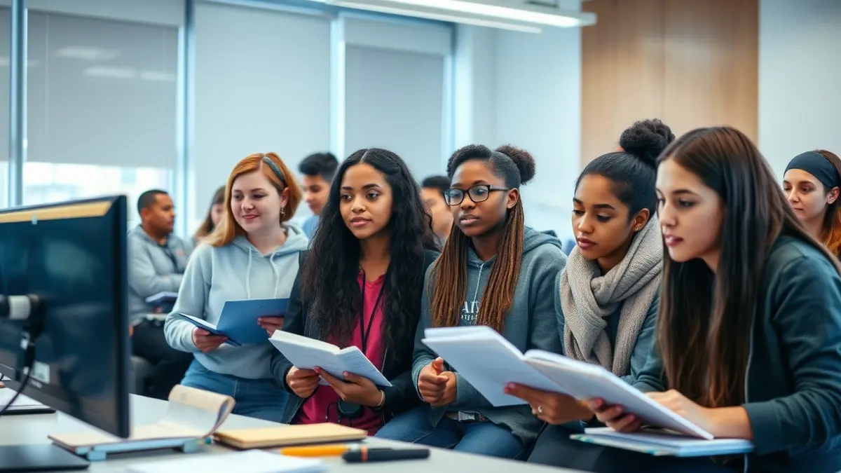 Generic image of students participating in a journalism workshop, writing and using microphones.