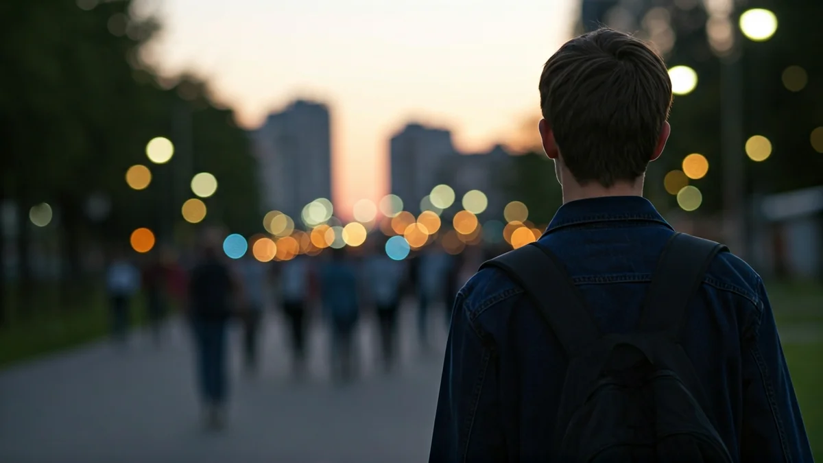 Imagen genérica de un joven migrante en un parque urbano al anochecer, simbolizando la incertidumbre.