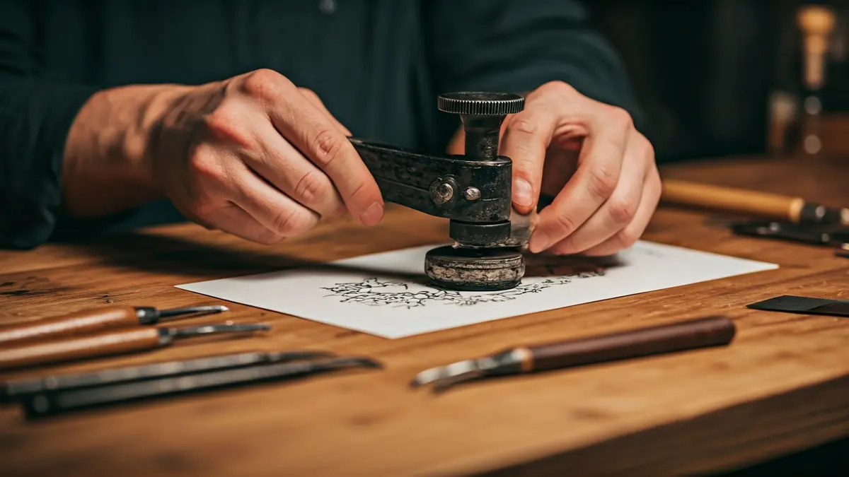 Imagen genérica de un artista trabajando en la técnica del grabado, con herramientas y tinta.