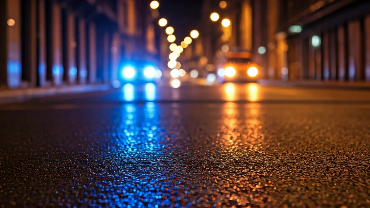 Generic image of emergency lights reflecting on wet asphalt in a city