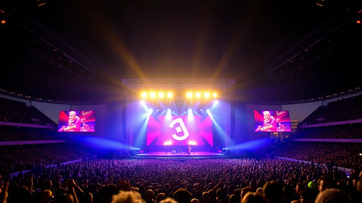 Generic image of a concert in a stadium with bright lights and an audience.