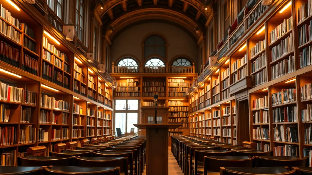 Generic image of a library interior with wooden bookshelves and a podium with a microphone.