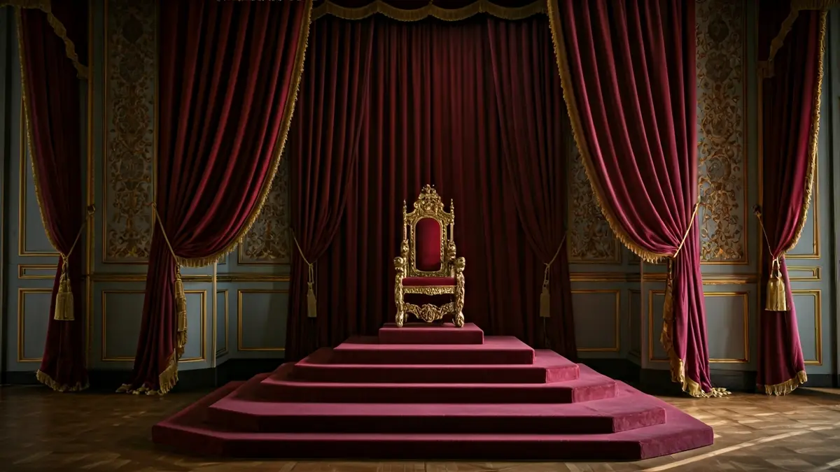 Imagen de una sala real del siglo XVIII con un trono vacío, simbolizando la abdicación de un rey.