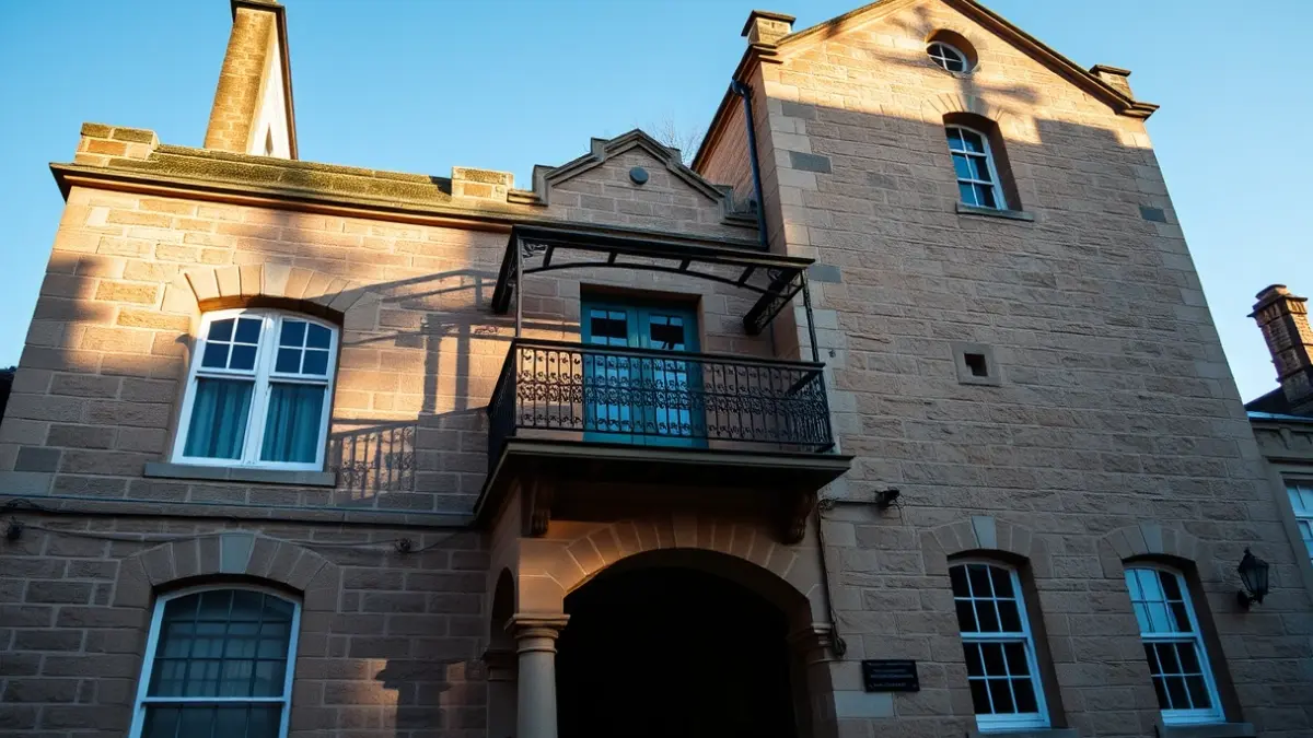 Image of a town hall facade with a balcony and iron railings, under the afternoon sunlight.