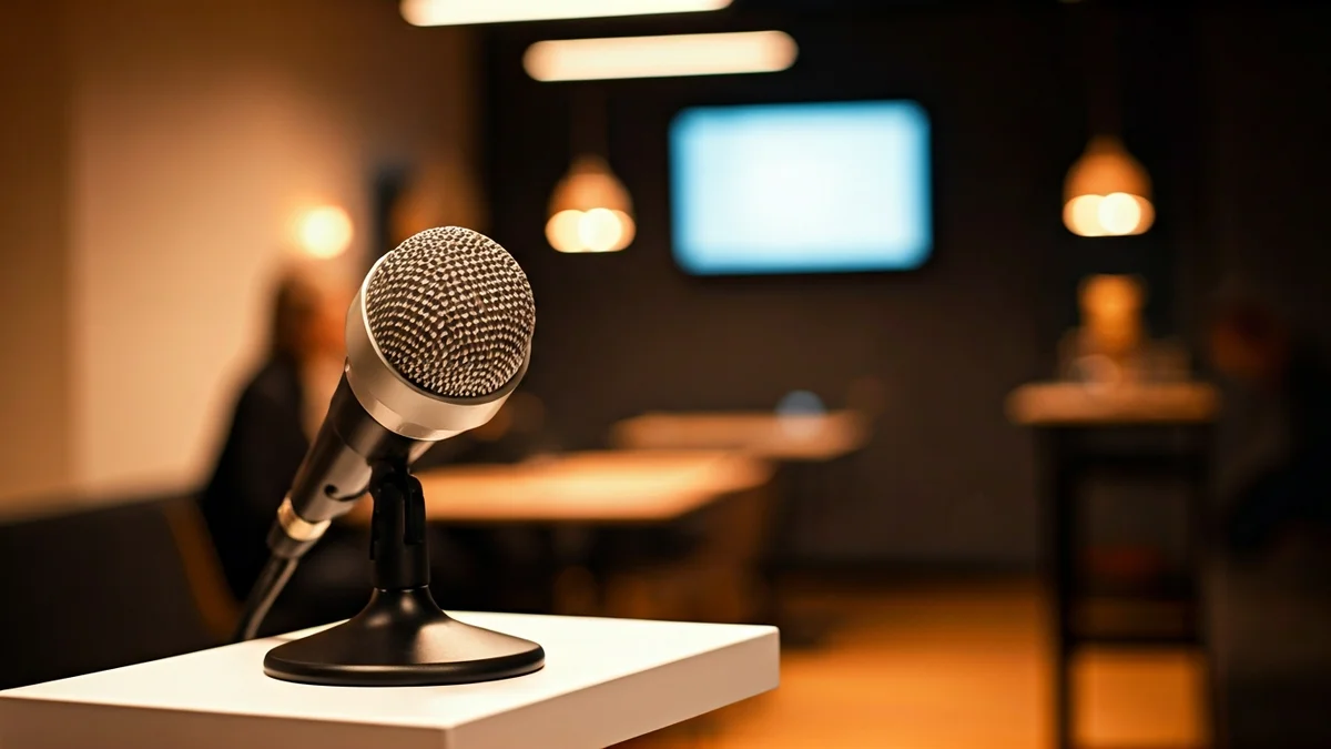 Generic image of a microphone in a recording studio or conference room, with a warm and modern atmosphere.