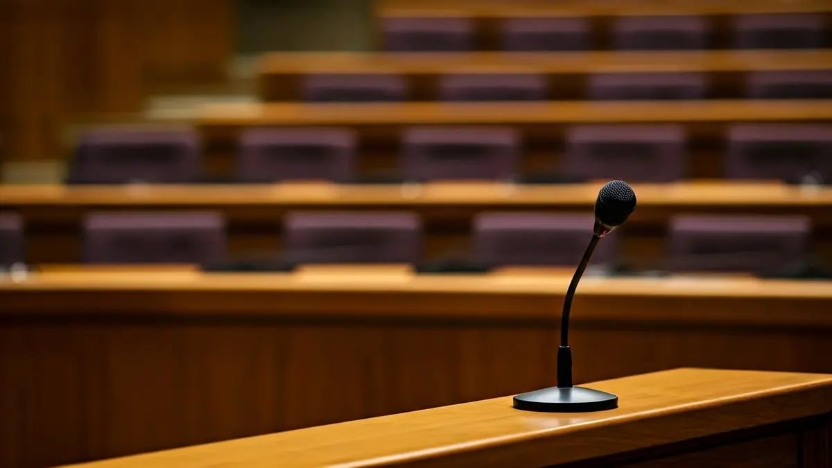 Generic image of a microphone on a podium in a legislative assembly.