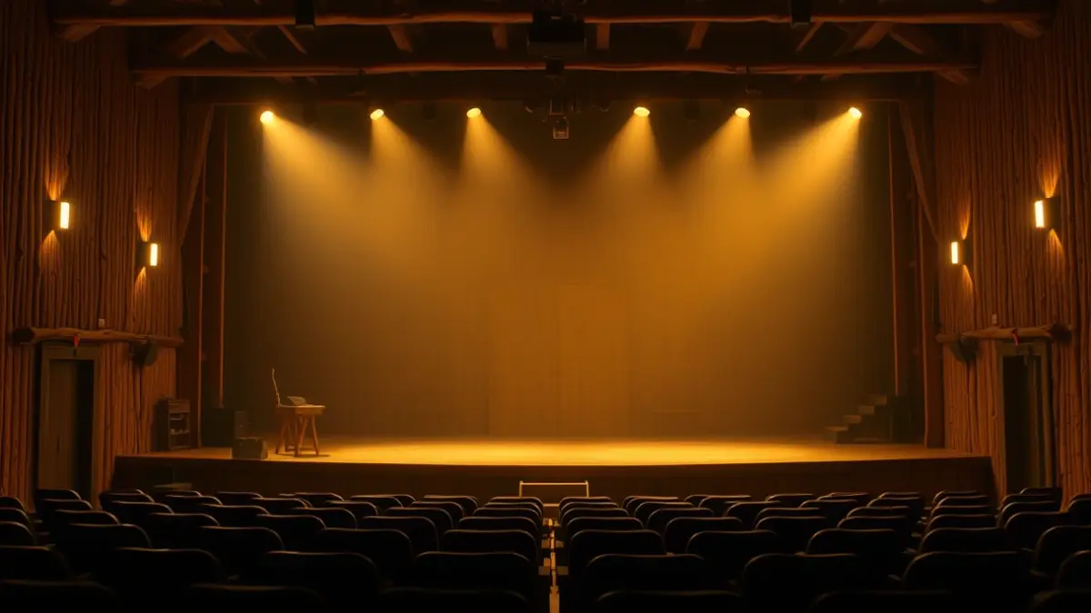 Theater stage with rustic set design and warm lighting.