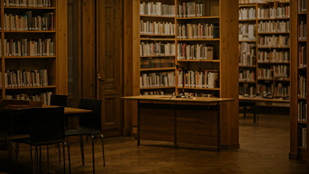 Imagen genérica de una biblioteca con un podio y sillas vacías, iluminada cálidamente.