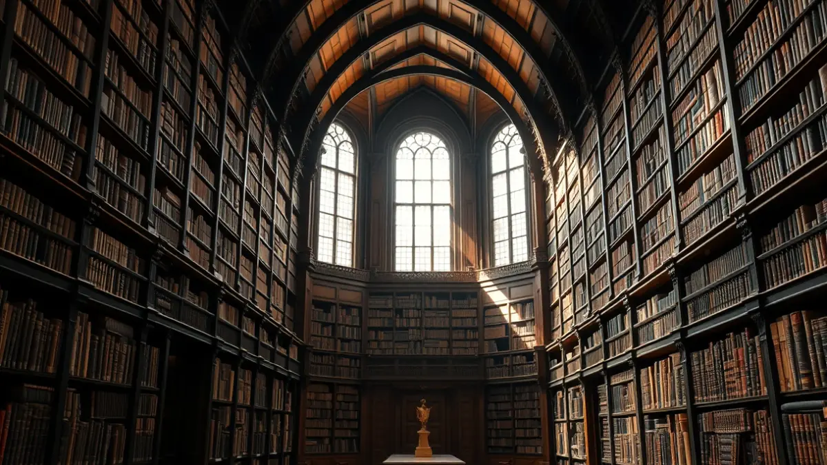 Imagen genérica de una biblioteca histórica con estanterías llenas de libros.