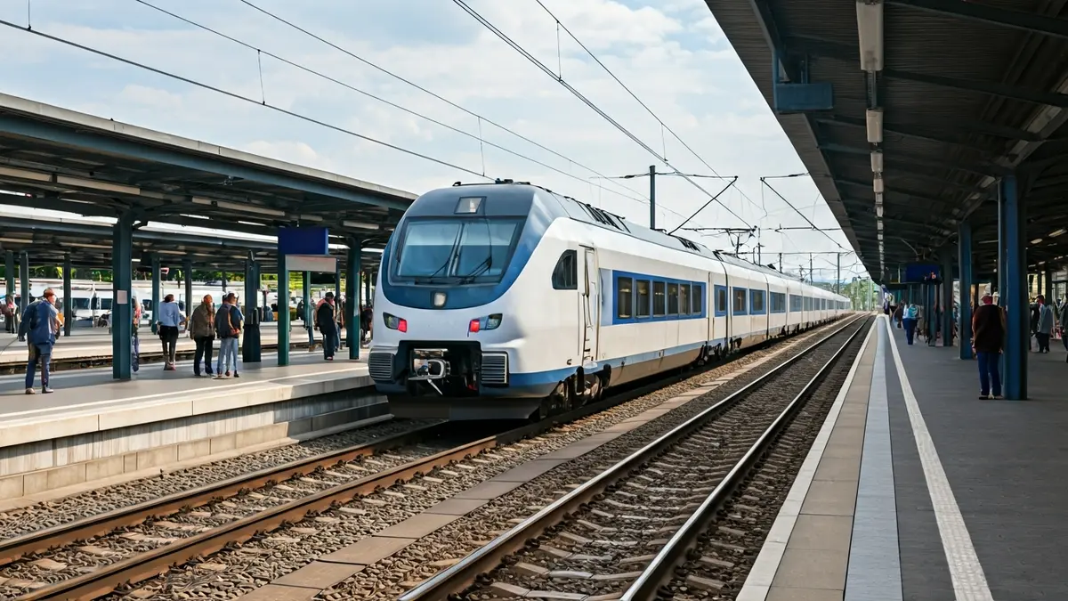 Image of a modern train arriving at a station, symbolizing the renovation of the C-5 commuter line.