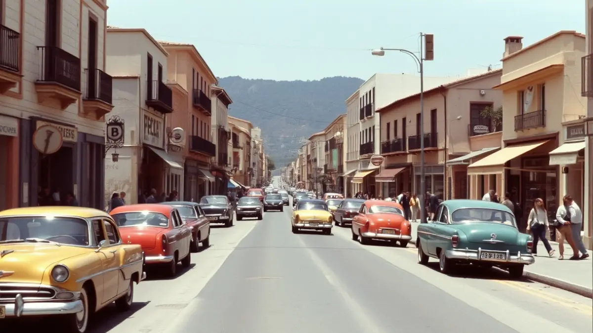 Imagen de la Calle Mayor de Alcorcón en los años 80, con coches y personas.