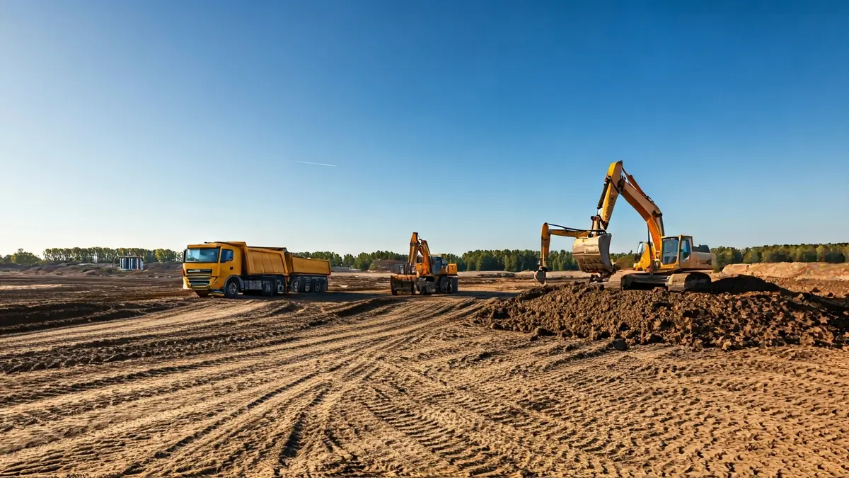 Image of a construction site with heavy machinery moving earth for the foundation of a large complex.