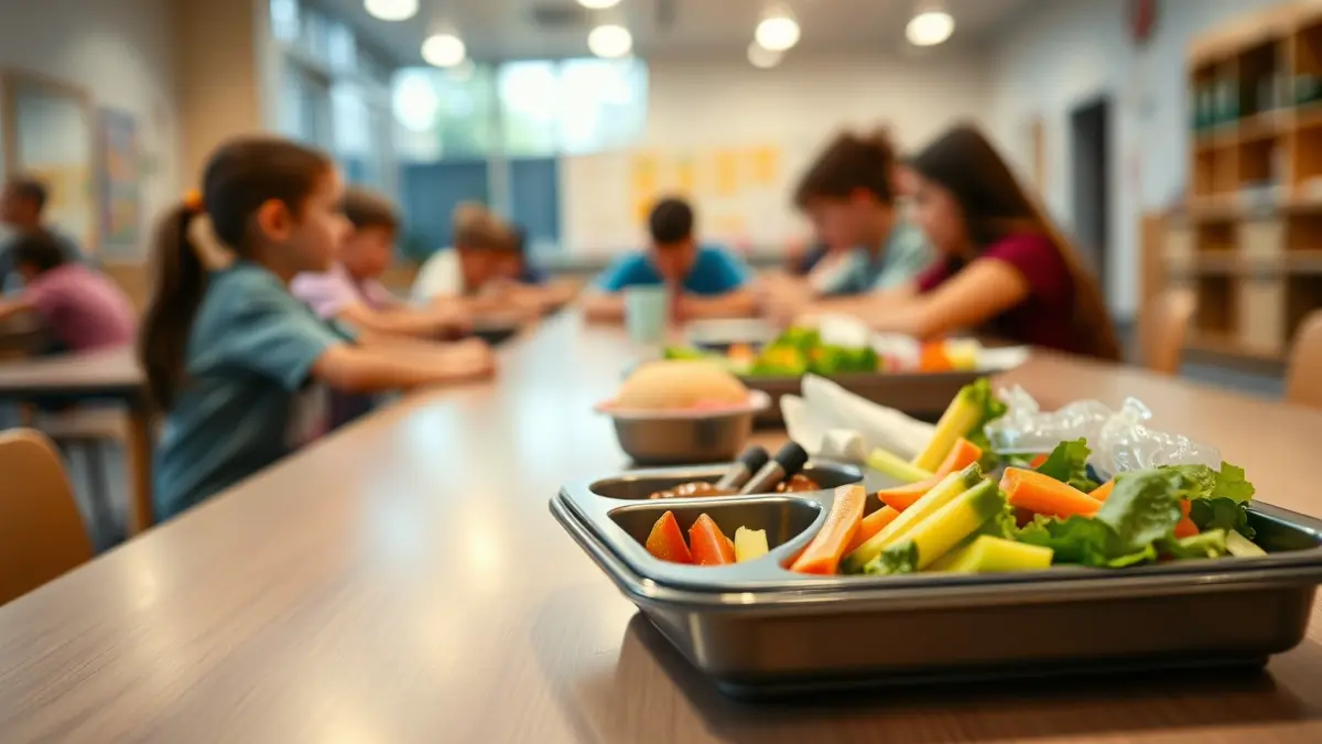 Imagen genérica de una bandeja de comedor escolar con alimentos saludables.
