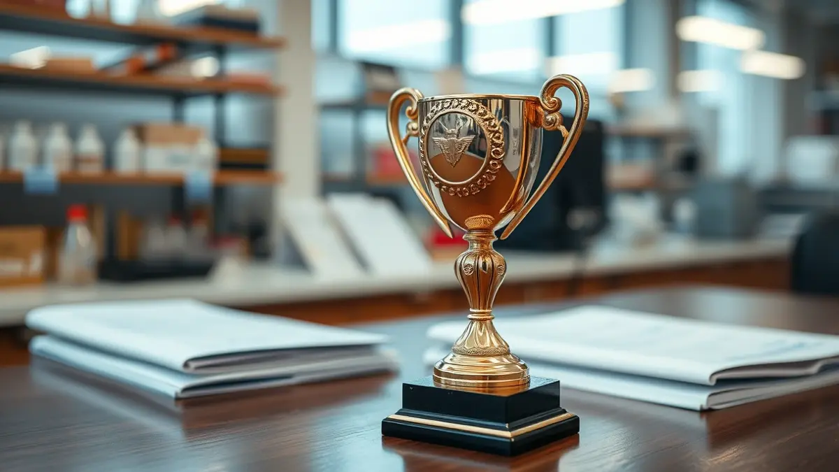 Imagen genérica de un trofeo de premio sobre una mesa, con documentos académicos borrosos de fondo.