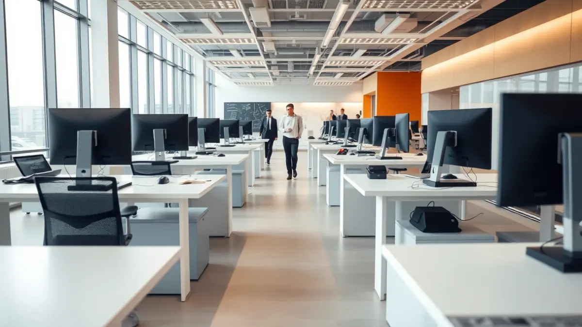 Imagen genérica de una oficina moderna y luminosa con puestos de atención al público.