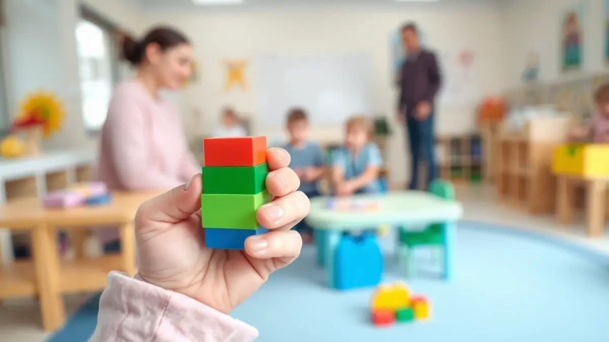 Imagen genérica de una mano de niño con un bloque de construcción en un aula de guardería.