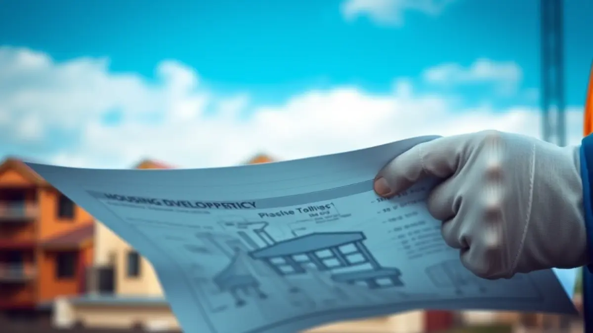 Imagen genérica de manos de un trabajador de la construcción sosteniendo planos, con edificios borrosos al fondo.