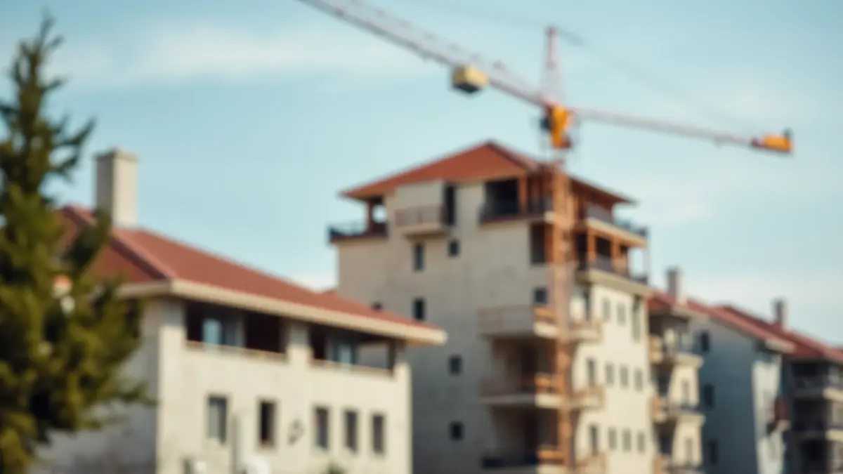 Generic image of a construction site with a crane and buildings under construction, symbolizing housing development.