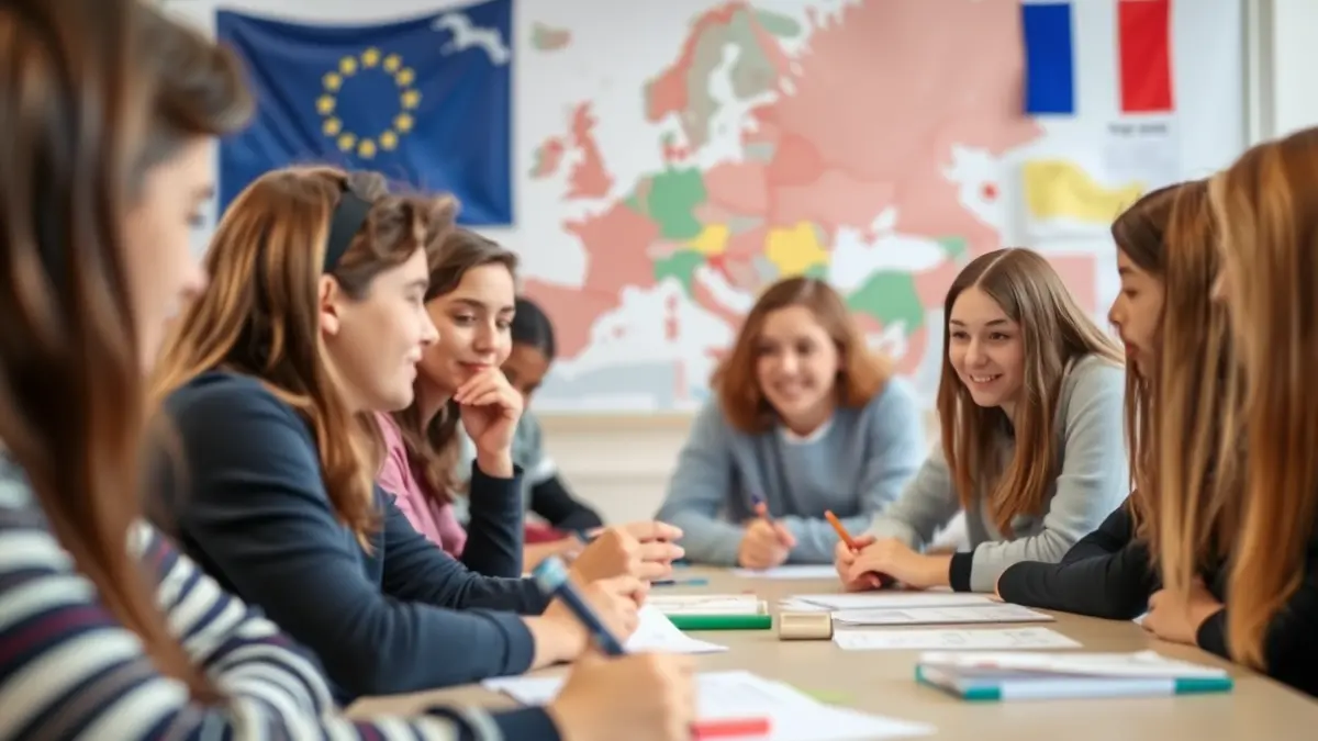 Estudiantes participando en un concurso sobre Europa en Madrid.