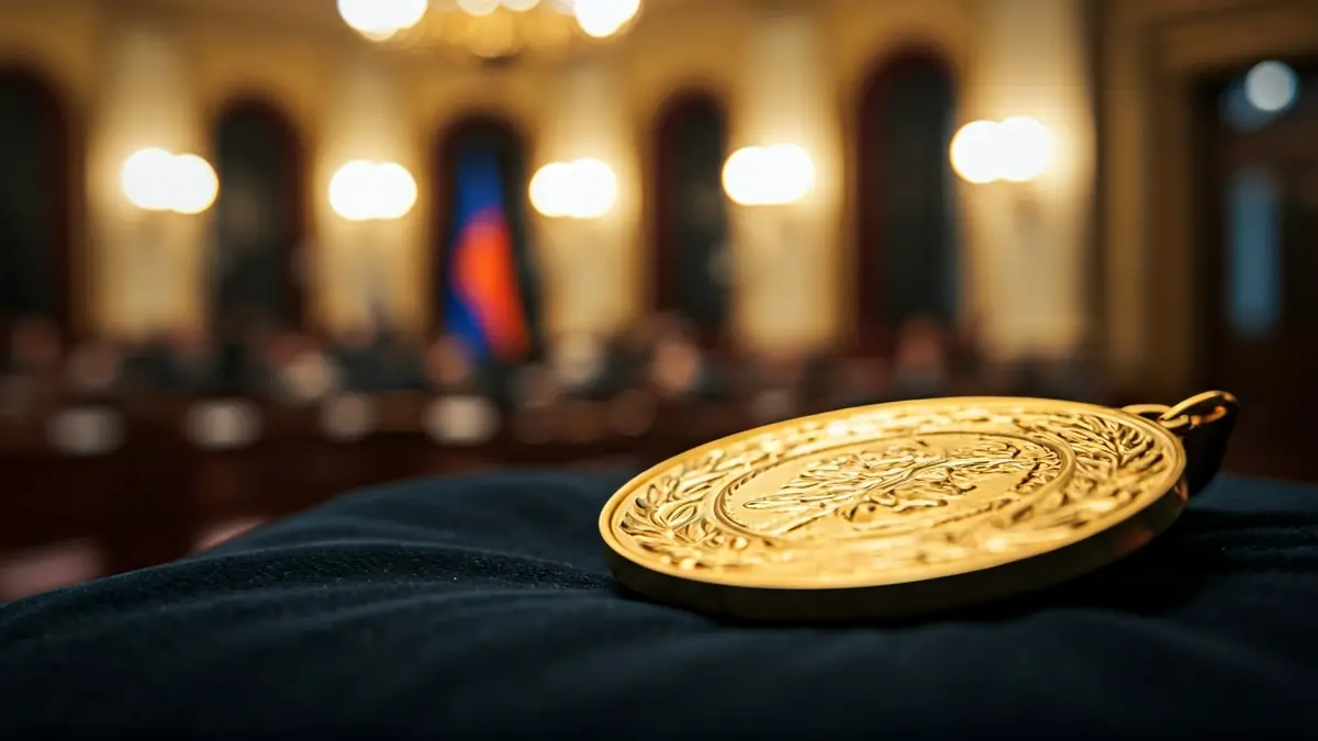 Generic image of a gold medal on a velvet cushion.