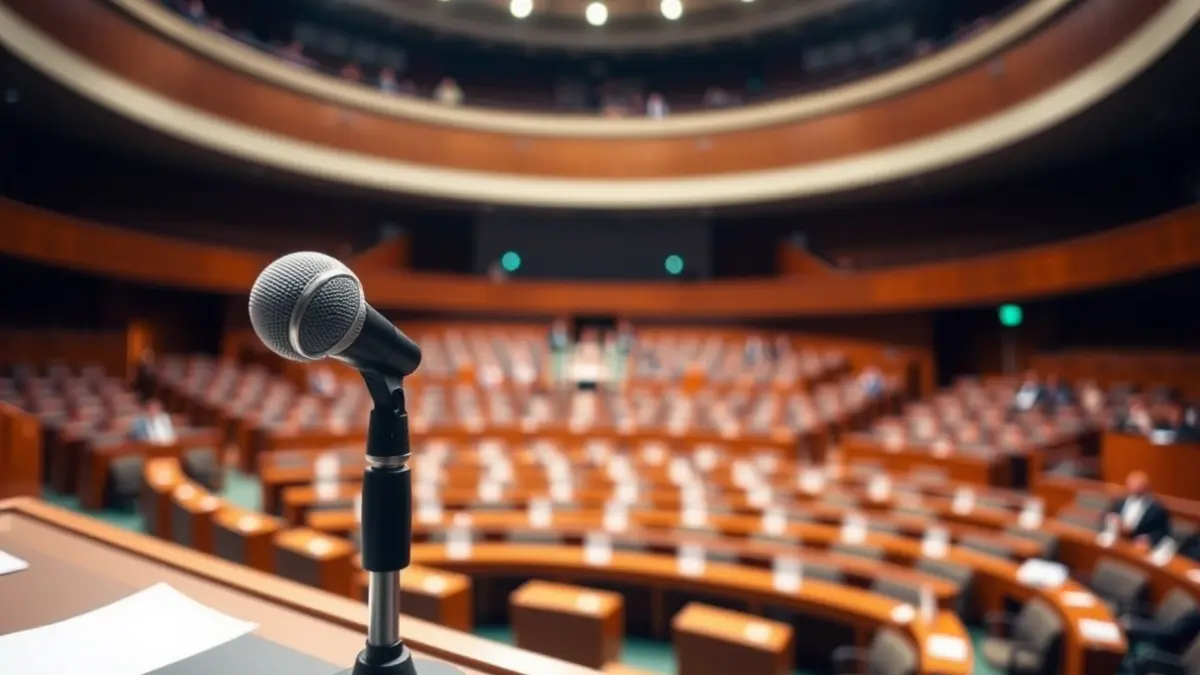 Imagen genérica de un micrófono en un podio en una sala de asambleas legislativas.