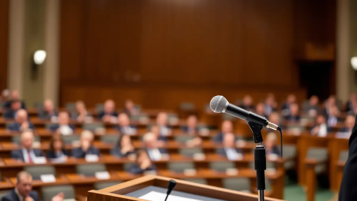 Imagen genérica de un micrófono en un atril en un salón de actos, simbolizando un debate político.