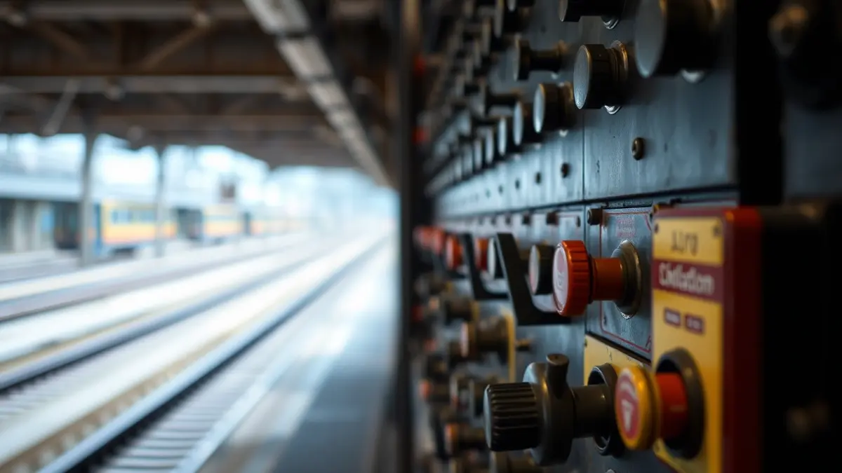 Imagen de una caja de señales ferroviarias, con palancas y botones, y vías de tren desenfocadas al fondo.