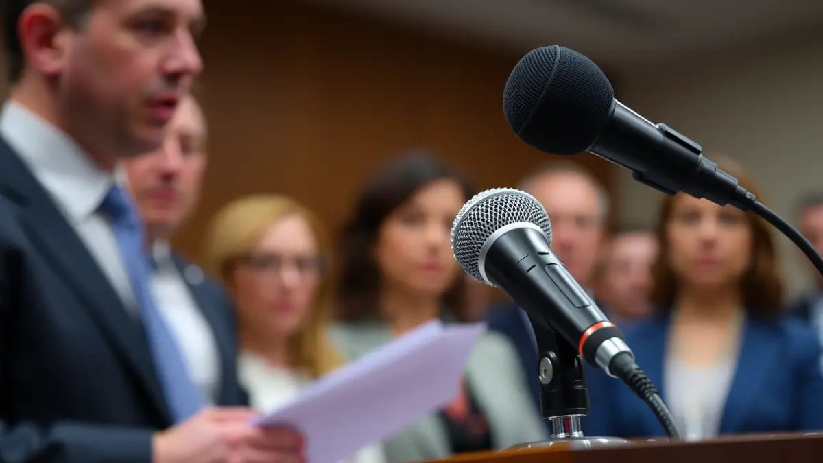 Imagen genérica de un micrófono en un podio durante una reunión oficial.