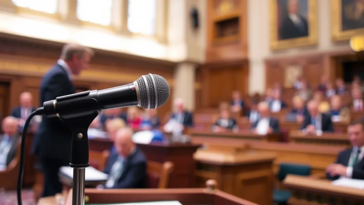 Generic image of a microphone on a parliamentary podium, symbolizing a political debate.