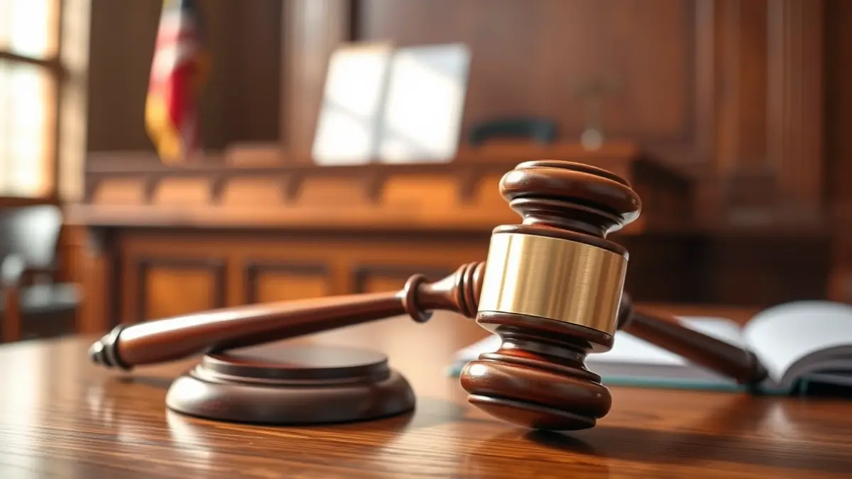 Generic image of a judge's gavel on a desk in a courtroom, symbolizing justice.