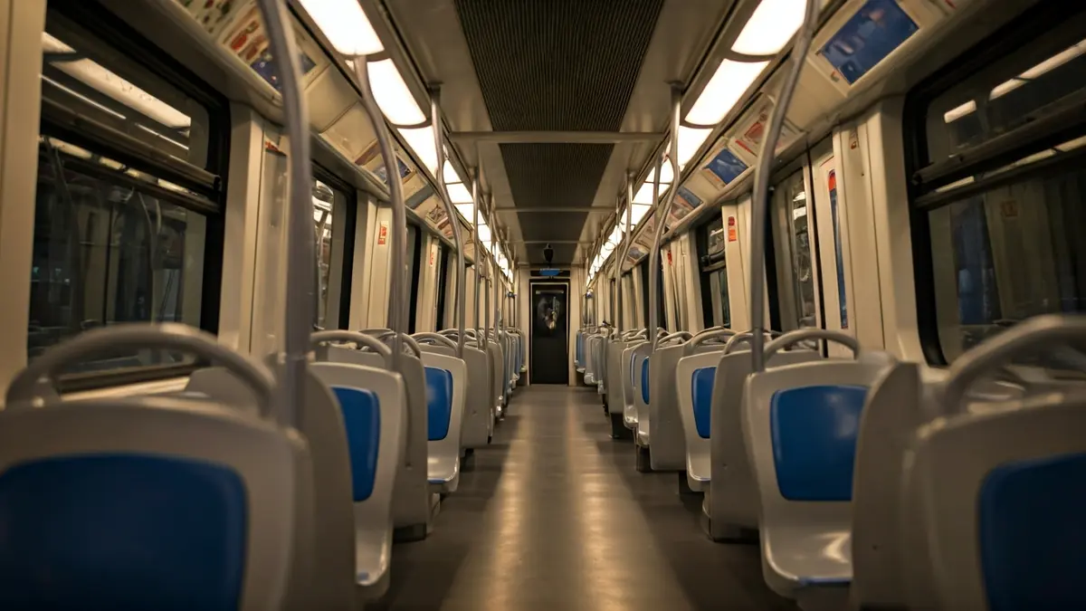 Generic image of a modern subway car interior, with empty seats and soft lighting.
