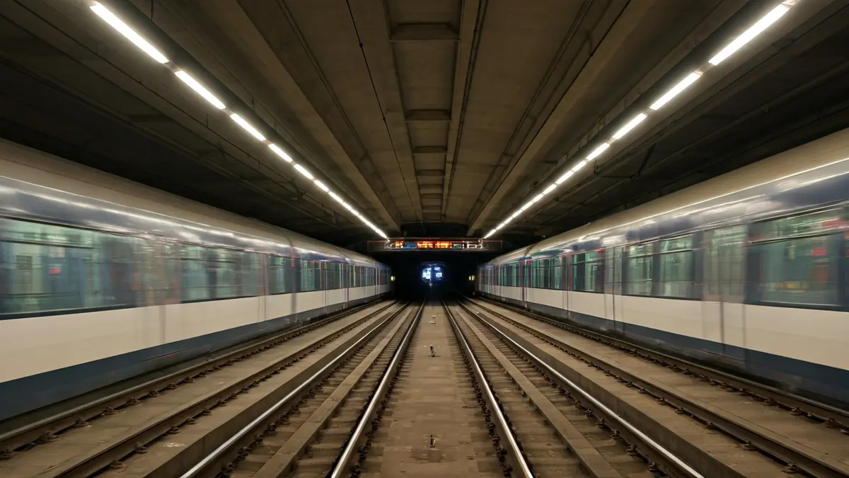 Generic image of a modern metro station with blurred train lights.