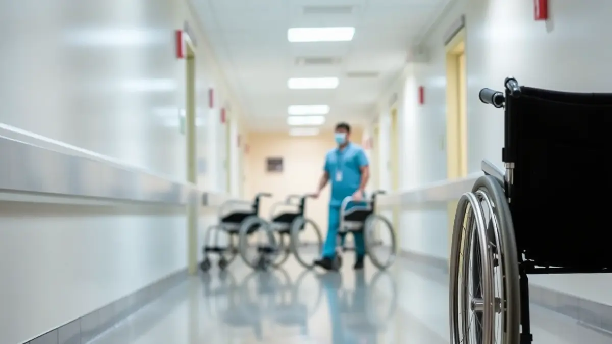 Generic image of a hospital corridor, with wheelchairs and a blurred figure of a healthcare worker.