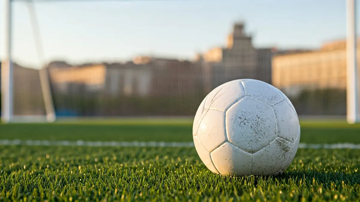 Generic image of a soccer ball on a field, with a goal in the background.