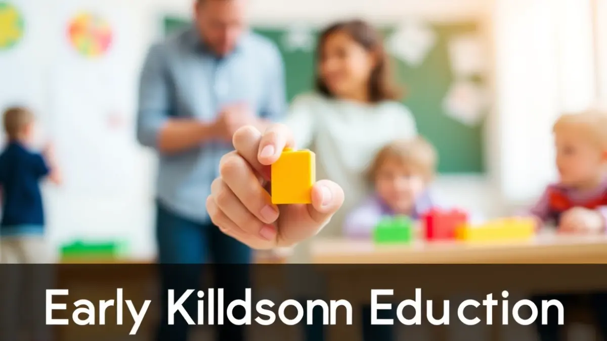 Imagen genérica de una mano de niño pequeño sosteniendo un bloque de construcción, con un fondo de aula desenfocado.