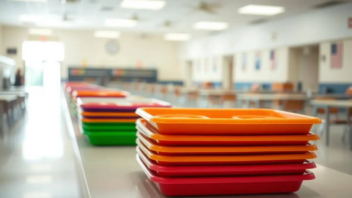 Imagen genérica de bandejas de comedor escolar apiladas.
