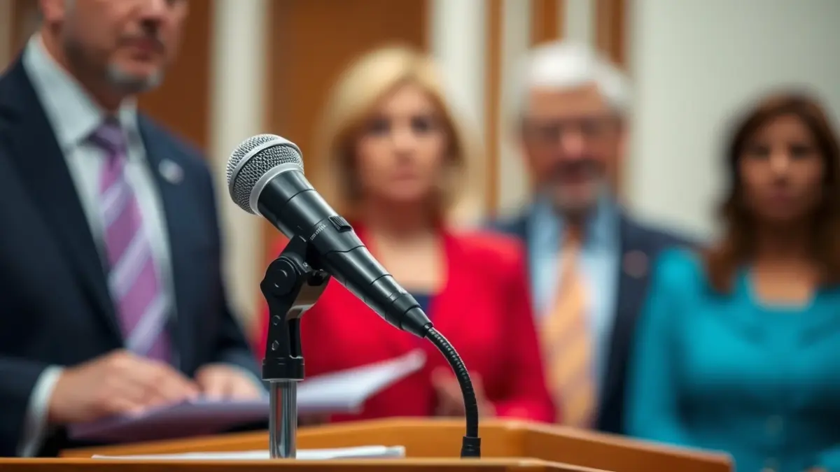 Generic image of a microphone on a podium, symbolizing a political debate.