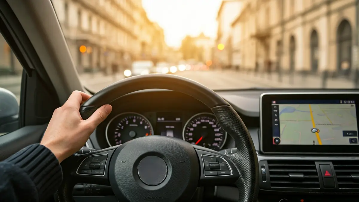 Imagen genérica de un conductor de VTC con un volante y un navegador.