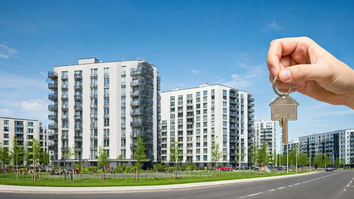 Generic image of a hand holding a house key with apartment buildings in the background.
