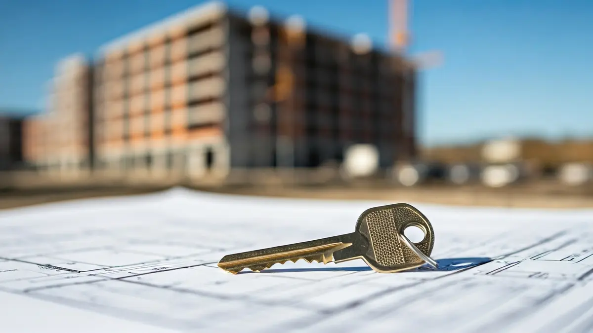 Generic image of a key on a construction blueprint, symbolizing new housing.