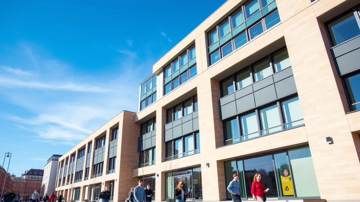 Generic image of a modern university campus with students.